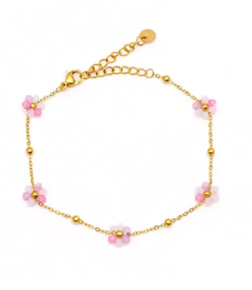 Εικόνα της Βραχιόλι ποδιού χρυσό ατσάλι με ροζ λουλούδια
