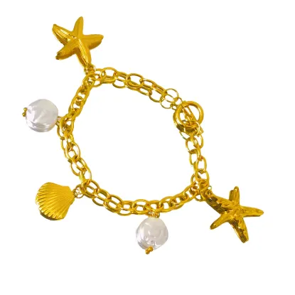 Εικόνα της Βραχιόλι χρυσό ατσάλι με κοχύλια και αστερίες