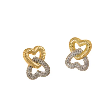 Εικόνα της Σκουλαρίκια επιχρυσωμένο ατσάλι διπλή καρδιά με zircon