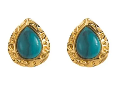 Εικόνα της Σκουλαρίκια χρυσό ατσάλι με τιρκουαζ πέτρα