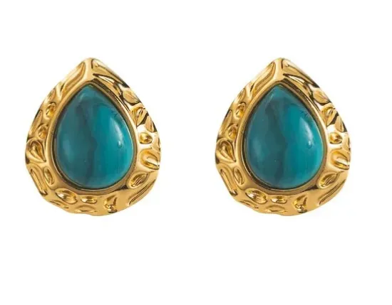 Εικόνα της Σκουλαρίκια χρυσό ατσάλι με τιρκουαζ πέτρα