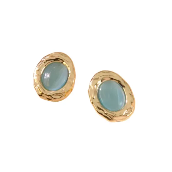 Εικόνα της Σκουλαρίκια χρυσό ατσάλι οβάλ με γαλάζια πέτρα