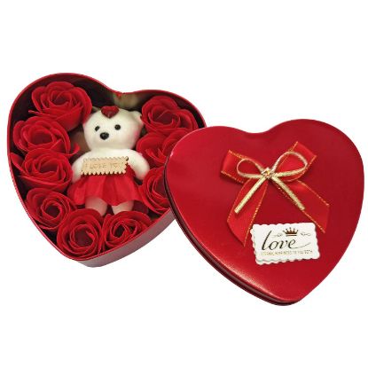 Εικόνα της Κουτί Καρδιά Μεγάλη 10 Τριαντάφυλλα & Αρκούδο 16x15x5cm