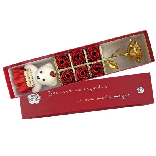 Εικόνα της Κουτί Μακρόστενο με Αρκούδο, Τριαντάφυλλα Κόκκινα & Χρυσό 33x7x5cm