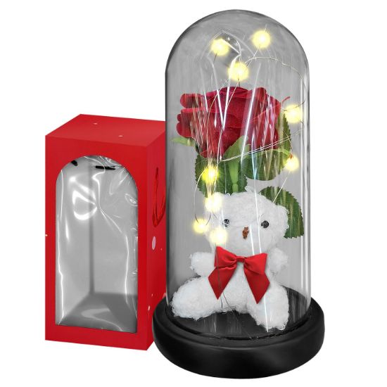 Εικόνα της Αρκούδος με Τριαντάφυλλο σε Γυάλα με φως 22x11cm