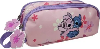 Εικόνα της Disney Stitch & Angel Κασετίνα Βαρελάκι με 2 Θήκες Ροζ